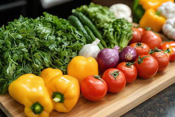 raw vegetables arranged in a colorful pattern on a cutting board.