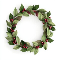 Fototapeta premium A festive wreath made of green leaves and red berries, perfect for decoration during celebrations.