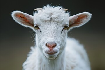 Obraz premium A close-up view of a young white goat with fluffy fur and lively eyes, demonstrating its curious nature in a natural outdoor setting