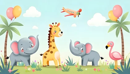A colorful children's wallpaper featuring an elephant, giraffe, rhinoceros, and flamingo playfully set against a background of palm trees. 