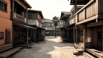 Fototapeta premium Wooden buildings lining a deserted street in a rustic western-style town under clear sky