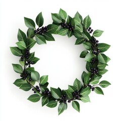 Fototapeta premium A lush green wreath adorned with dark berries, perfect for seasonal decor, symbolizing nature and beauty in home settings.