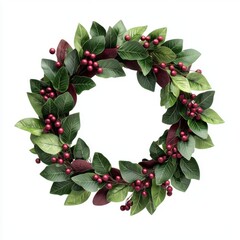 Fototapeta premium A festive wreath made of lush green leaves and red berries, ideal for holiday decorations and seasonal gatherings.