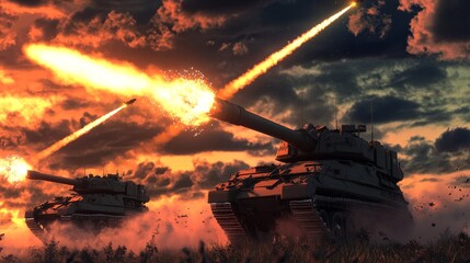 Anti-missile tanks in a defense system intercept and destroy incoming missiles in this 3D illustration. 