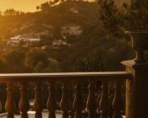 A serene sunset view from a balcony overlooking a hilly landscape.