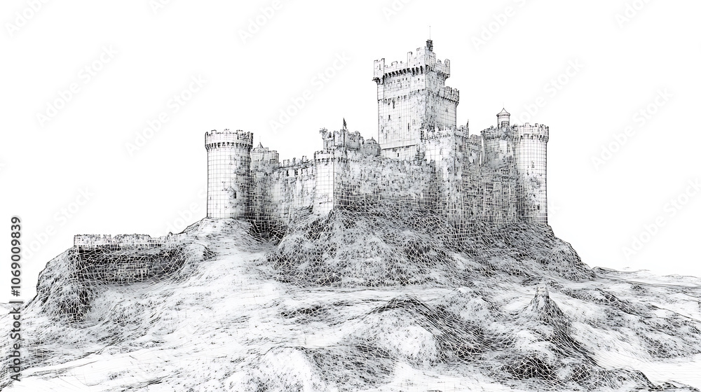 Aufkleber 3d rendering, wire frame model of castle