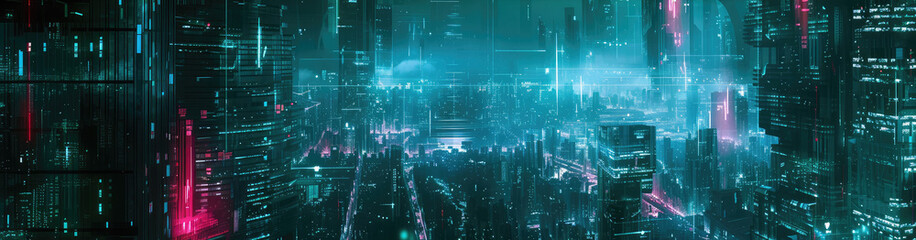 Obraz premium Futuristic Digital Cityscape with Neon Lights