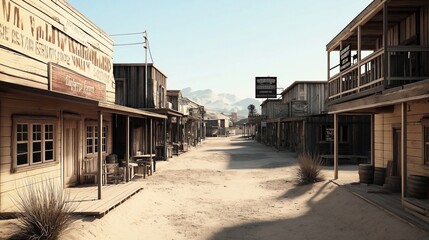 Obraz premium Deserted Old West town with wooden buildings and dusty street under clear sky, featuring wooden storefronts and balconies with visible signage and decorative barrels.