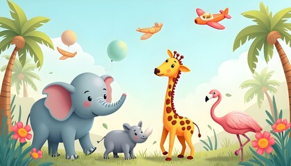 A colorful children's wallpaper featuring an elephant, giraffe, rhinoceros, and flamingo playfully set against a background of palm trees. 