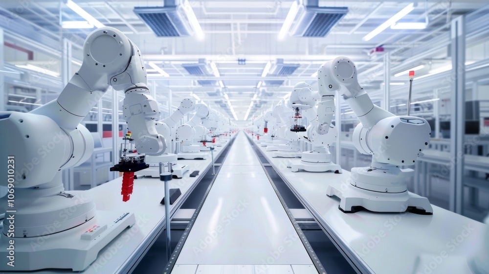 Poster high-tech factory floor showcasing robotic arms efficiently assembling products on a conveyor belt i