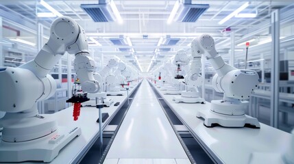 High-tech factory floor showcasing robotic arms efficiently assembling products on a conveyor belt in a modern industrial environment with bright lighting and organized workstations