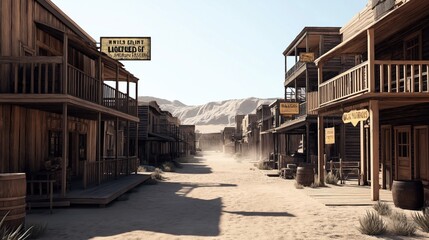 Fototapeta premium Deserted old western town street with wooden buildings, balconies, signboards, and dusty ground, surrounded by distant mountains under clear sky, evoking historical and rustic atmosphere.
