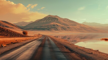 Tranquil Sunset Road Along Mountainous Lakeside