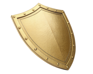 Textured gold shield with embossed edges, featuring shiny surface and decorative studs. Isolated on transparent or white background.