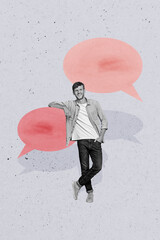 Composite trend artwork sketch image photo collage of speech cloud chatting social media young guy...