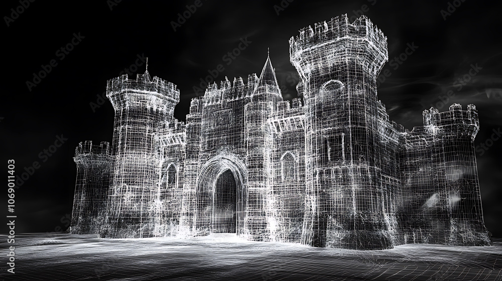 Aufkleber 3d rendering, wire frame model of castle