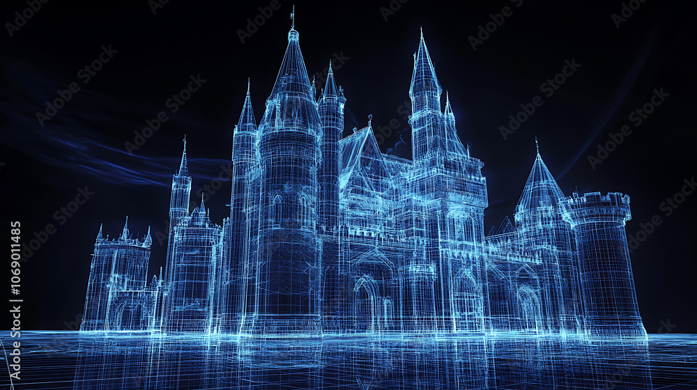 Poster 3d rendering, wire frame model of castle with blue light ray