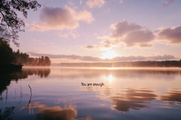 Fototapeta premium Sonnenaufgang über einem ruhigen See mit inspirierendem Zitat