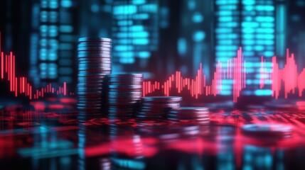 Digital visualization of financial data with coins and a graph.