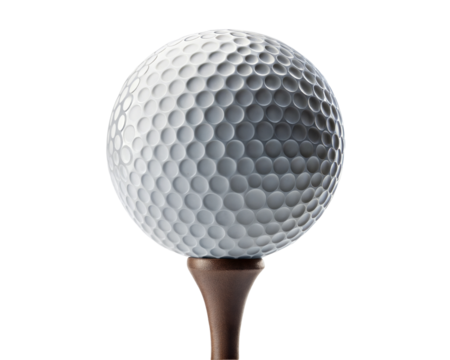 Close up of golf ball on tee, showcasing its textured surface and dimples. Isolated on transparent or white background.