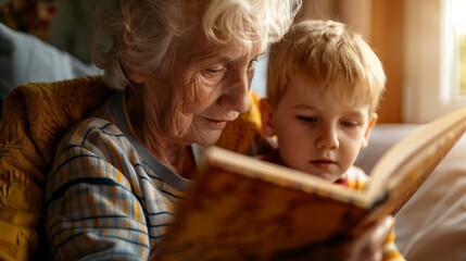 A calm and loving scene as grandma reads to her grandson, nestled comfortably in her lap.