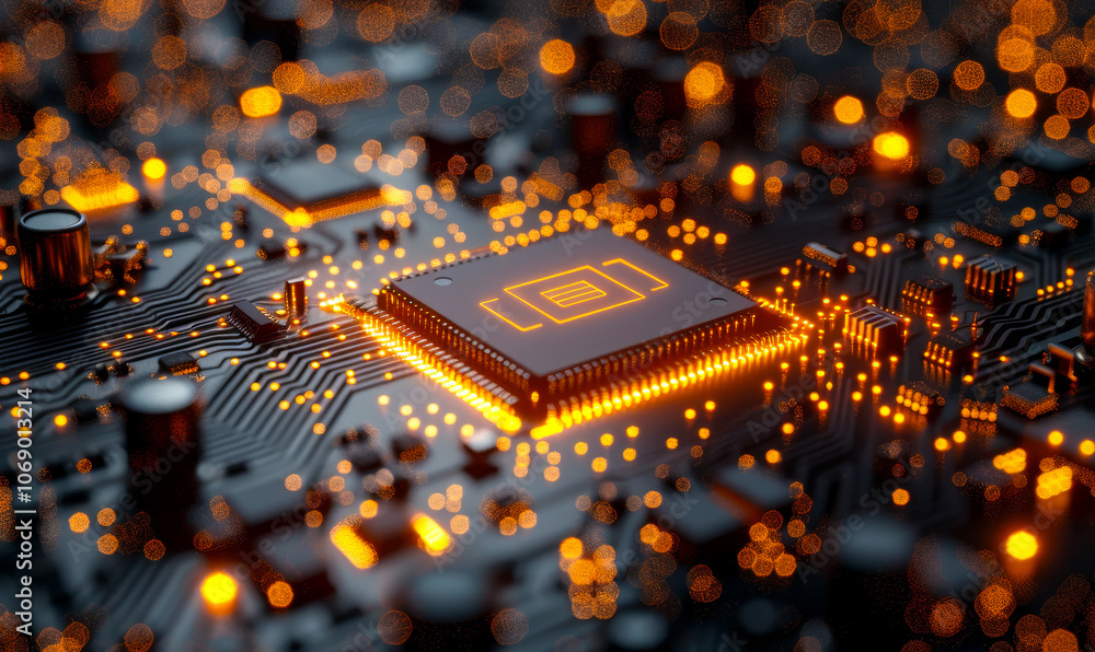 Poster futuristic microchip with glowing info symbol on motherboard representing information technology and