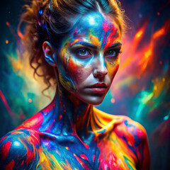 Woman with vibrant face paint in colorful abstract style.