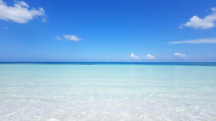 A tranquil view of the vast ocean under a clear blue sky with gentle waves lapping against the shore, beach, ocean