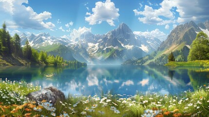 A serene mountain lake with snowy peaks, green forest, and clear water reflects the sky and landscape, creating a peaceful and majestic setting with alpine meadows and colorful daisies.