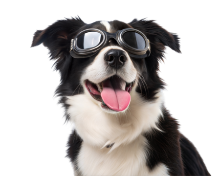 Black and white dog wearing goggles with its tongue out, exuding joy and playfulness. Isolated on transparent or white background.
