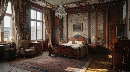 Fototapeta premium Luxurious Victorian bedroom with wooden furnishings, classic artworks, and elegant details. Features a large bed, antique bedside tables, and cozy armchair.