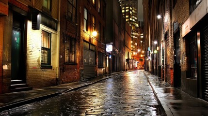 Fototapeta premium A dimly lit urban alley at night, reflecting wet cobblestones and city light.