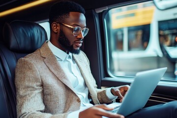 Executive on the Go: A focused businessman in a stylish suit and glasses, working diligently on his laptop in the backseat of a luxury car, illustrating the modern-day executive lifestyle. 
