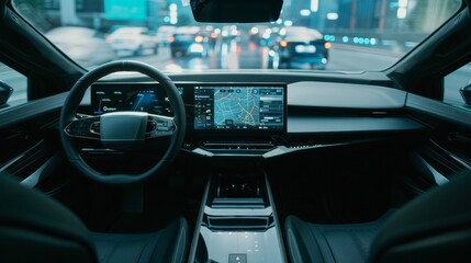 A modern car dashboard showcasing navigation features while driving through a bustling city at dusk with illuminated buildings and traffic lights