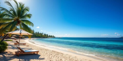 Naklejka premium A vibrant beach scene with colorful umbrellas, lounge chairs, and crystal clear water on a sunny day, relax, hot