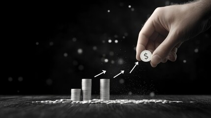 A hand gently placing a coin into a growing stack, with arrows pointing upward in the background to signify financial progress and growth, Photorealistic