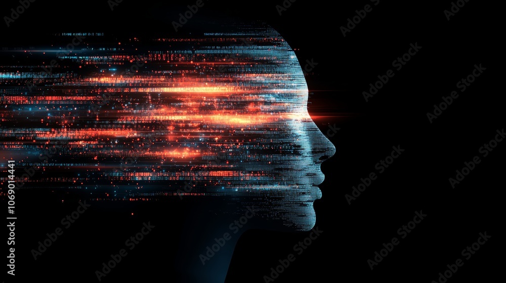 Fototapete Digital transformation, woman's head with dynamic pattern reflecting technology's impact on identity and individuality in the age