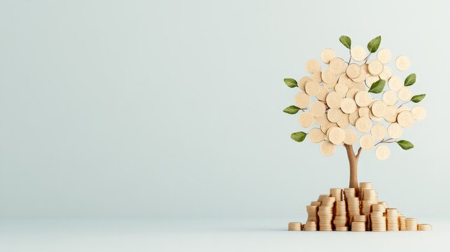 Coins arranged in the shape of a tree, with leaves sprouting from each branch, symbolizing the organic growth of wealth through saving, Photorealistic