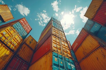 Fototapeta premium Stacked Cargo Containers Against a Blue Sky with White Clouds