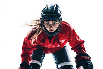 Hockey Player in Action: A determined female hockey player in full gear, her gaze focused and intense, ready to take on the ice.