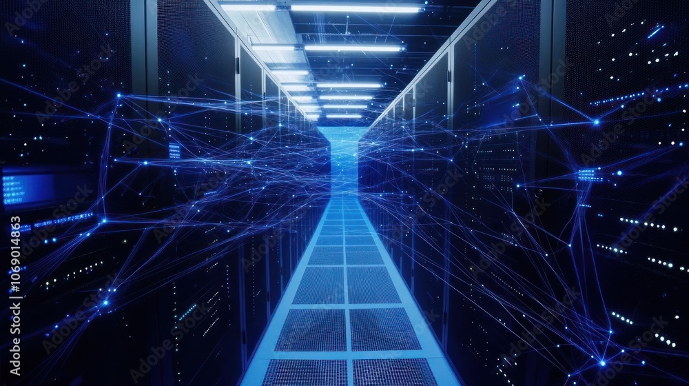 Poster a server room with rows of black servers, illuminated by blue light. network connections are shown a