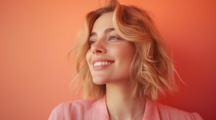 Fototapeta premium Portrait of a blonde woman against a pastel orange color background 