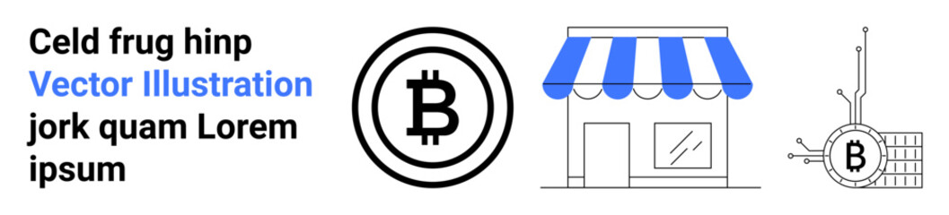 Bitcoin coin, storefront with blue awning, and circuit board with Bitcoin symbol. Ideal for cryptocurrency, fintech, e-commerce, blockchain, digital asset management, online retail, financial