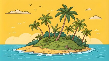 Fototapeta premium Tropical Island with Palm Trees on Yellow Background, Cartoon Style Island Scene, Playful Tropical Paradise Illustration with Palms on Bright Yellow