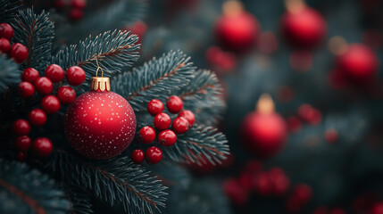 Red Baubles and Berries on Evergreen Background: Red ornaments, berries, and pine cones on lush pine branches, creating a classic Christmas aesthetic. Suitable for holiday decor and festive visuals.