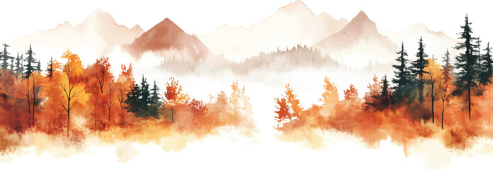 Watercolor autumn forest with mist covered mountains fall foliage seasonal landscape design resources elements