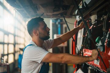 Professional mechanic in blue overalls working in a garage on truck.