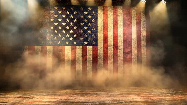 A faded American flag hangs in the spotlight on a stage filled with smoke
