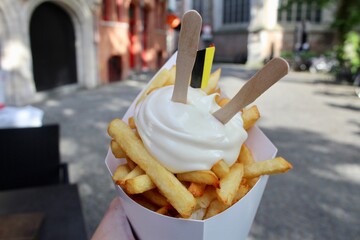 Belgian Fries with Creamy Mayonnaise in a Cone