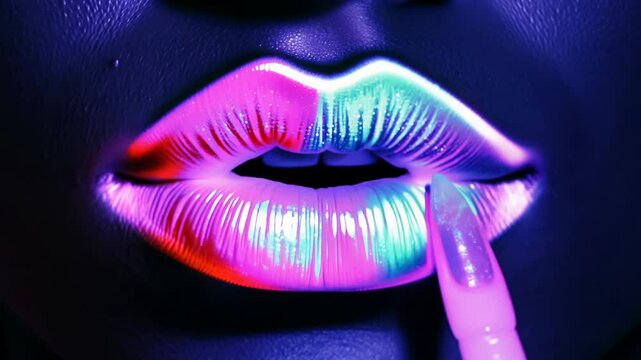 Camera movement gently zooms out on lips being painted with blacklight-reactive lipstick under colorful neon lighting